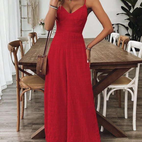 Red Boho Women's V-Neck Backless Bowknot Strap Jumpsuit - Picture 3 of 6
